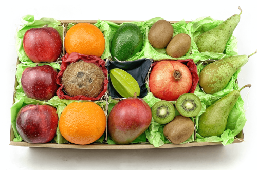 Owocowy prezent 32 - jabłka pomarańcze gruszki granat kiwi mango awokado karambola kokos