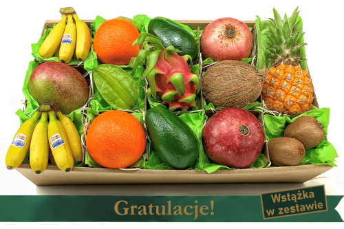 Owocowy prezent 23 - Gratulacje - mini banany mango pomarańcze karambola awokado smoczy owoc kokos granaty mini ananas kiwi