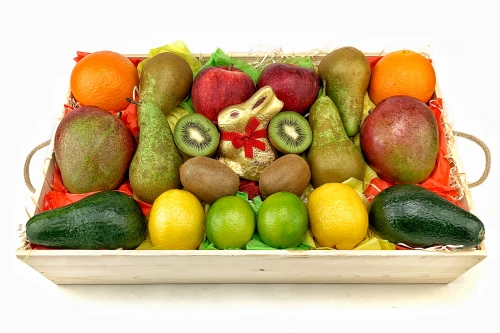 Skrzynka z owocami 15 - Avocado Cytryna Gruszka Jabłko Kiwi Limonka Mango Zajączek Lindt
